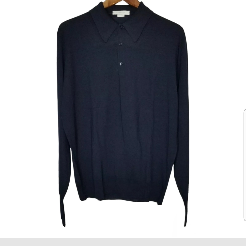 John Smedley Polo Longsleeves Sweater Pure Wool Size XL Navy Blue - Picture 1 of 9